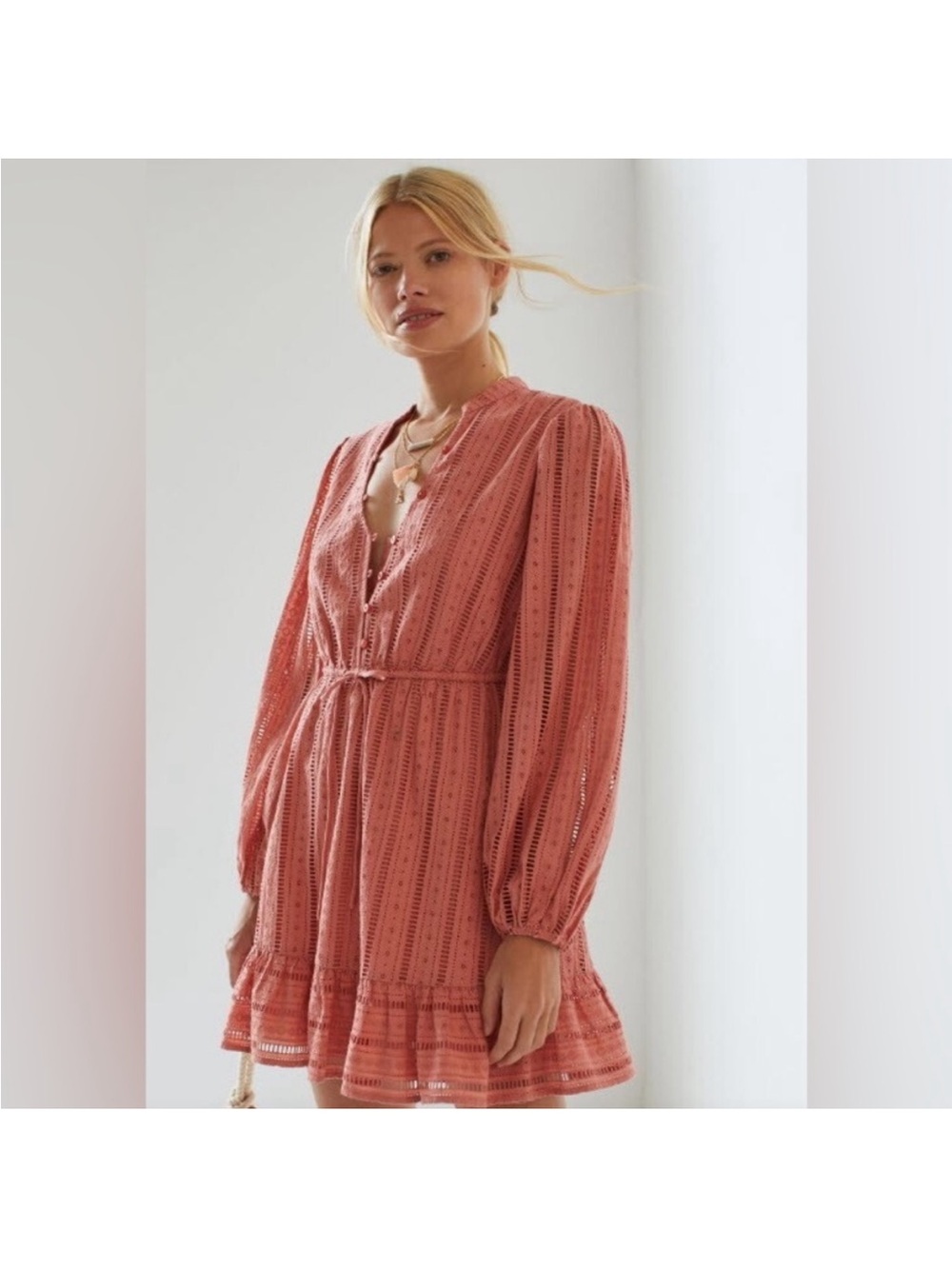 Forever That Girl Anthropologie Eyelet Long Sleeve Mini Dress in Coral